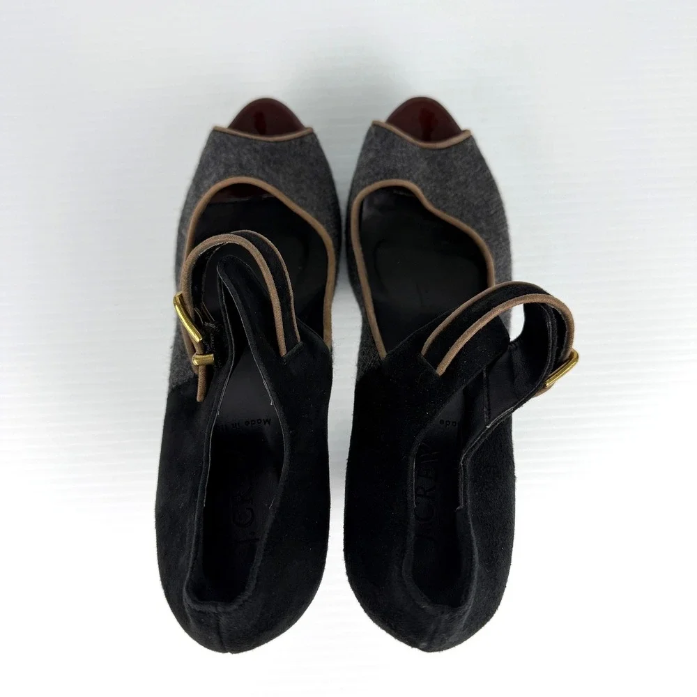 J.Crew Mary Jane Platform Dark Academia‎ Wool Peep Toe Preppy Heels Italy 8.5